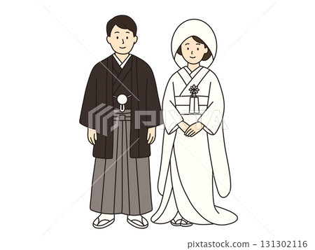 Bride and groom at wedding ceremony, welcome board, Japanese clothing Bride and groom at wedding ceremony, welcome board, Japanese clothing 131302116