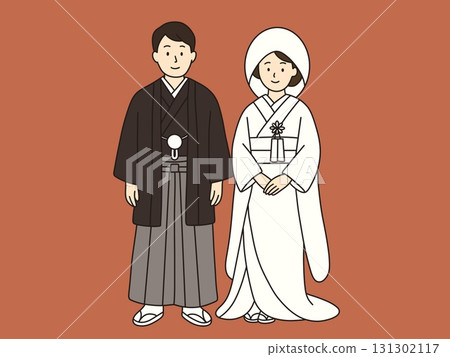 Bride and groom at wedding ceremony, welcome board, Japanese clothing 131302117