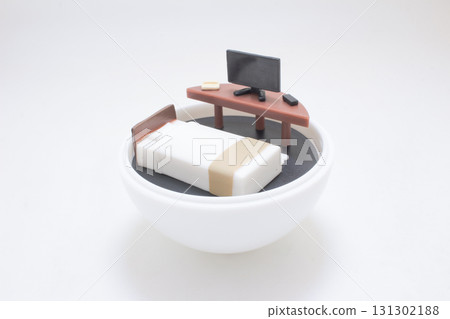 Miniature Bed And Desk Scene Inside White Bowl With Computer Model Miniature Bed And Desk Scene Inside White Bowl With Computer Model 131302188