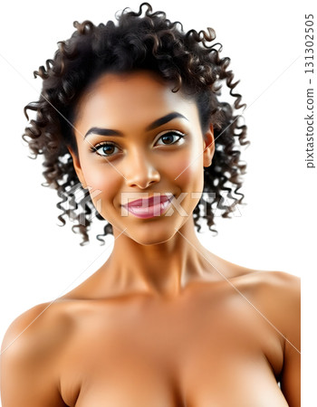 Beauty portrait of a young woman with a beautiful smile, natural curly hair and healthy glowing skin. 131302505