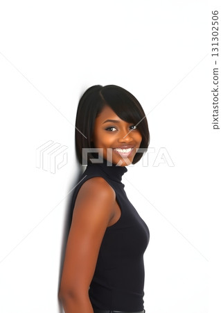 Stylish woman in sleeveless top, modern and minimalist look with confident smile against white background Stylish woman in sleeveless top, modern and minimalist look with confident smile against white background 131302506