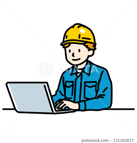 Yellow helmet construction worker smiling and doing office work Yellow helmet construction worker smiling and doing office work 131302657