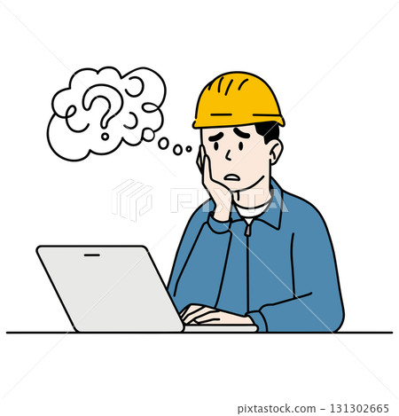 Yellow helmet construction worker worries about office work 131302665