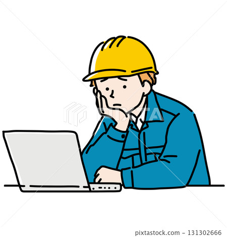 黃頭盔建築工人擔心辦公室工作 黃頭盔建築工人擔心辦公室工作 131302666