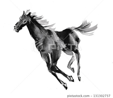 New Year's card design: Hand-drawn Japanese-style brush illustration of a running horse New Year's card design: Hand-drawn Japanese-style brush illustration of a running horse 131302737