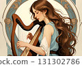 A young woman with long brown hair from the Roman period plays a harp. 131302786