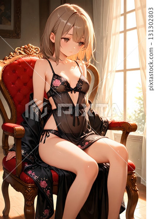 穿著黑色碎花內衣的優雅動漫女孩坐在柔和的晨光中的古董椅子上 穿著黑色碎花內衣的優雅動漫女孩坐在柔和的晨光中的古董椅子上 131302803