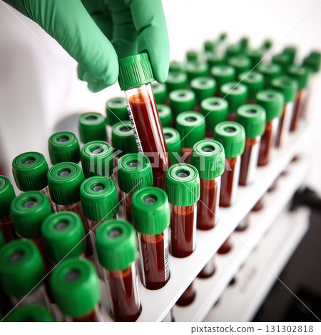 Hand in a Glove Picking Up a Blood Test Tube 131302818
