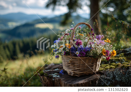Wildflower Bouquet in a Wicker Basket 131302820