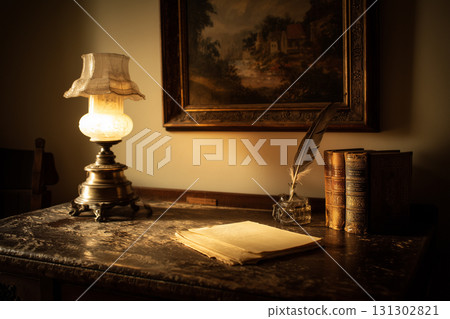 Vintage Writing Desk with a Glowing Lamp 131302821