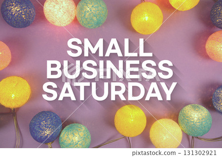 Small Business Saturday text with LED Light Cotton ball Decoration on purple  background 131302921