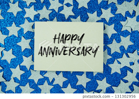 Happy Anniversary Card on Blue Glitter Star Background Happy Anniversary Card on Blue Glitter Star Background 131302956