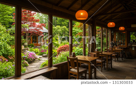 A bright cafe with a garden view 131303033