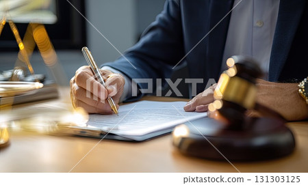 Cropped photo of a lawyer signing documents in court. The cropped view highlights the lawyer's hands, showcasing the significance of signing vital papers in the courtroom. Cropped photo of a lawyer signing documents in court. The cropped view highlights the lawyer's hands, showcasing the significance of signing vital papers in the courtroom. 131303125