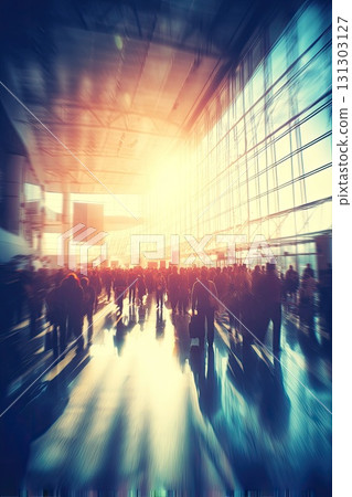 A blurry crowd of business people in a large, bright business hall. The energy of the crowd is evident in the bright business hall, where blurred figures connect and collaborate on new initiatives. 131303127