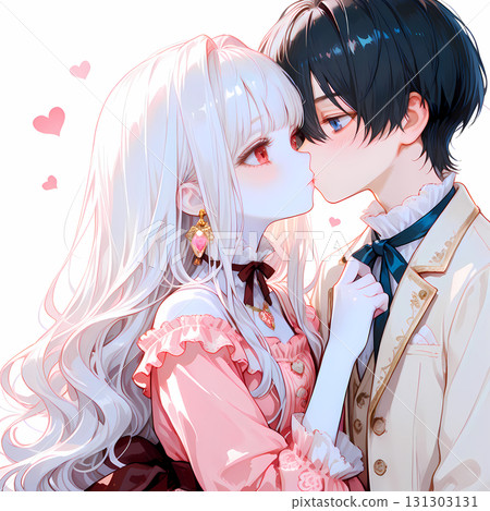 接吻的情侶。一位白化病女孩和一位藍眼睛年輕男子的情人節。日本漫畫風格的AI插畫。 131303131