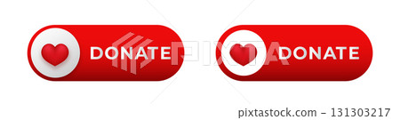 Red donation buttons with heart symbol and text for online charitable contributions Red donation buttons with heart symbol and text for online charitable contributions 131303217