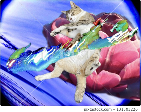 Collage photo of a cat sleeping on a large pink flower Collage photo of a cat sleeping on a large pink flower 131303226
