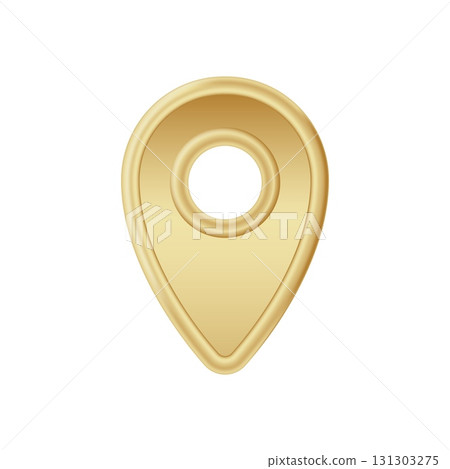 Golden location marker with a smooth circular hole design and gleaming metallic finish 131303275