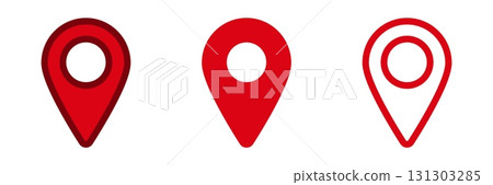 Red location marker icons representing different styles and designs for maps and navigation 131303285