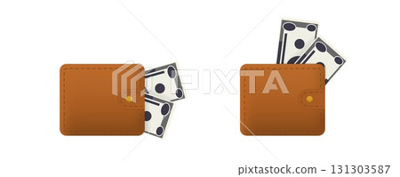 Brown leather wallet with two banknotes visible, showcasing simple money holder design Brown leather wallet with two banknotes visible, showcasing simple money holder design 131303587
