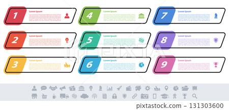 Infographic design business concept vector illustration with 9 steps or options or processes represent work flow or diagram or web button banner Infographic design business concept vector illustration with 9 steps or options or processes represent work flow or diagram or web button banner 131303600