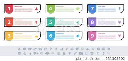 Infographic design business concept vector illustration with 9 steps or options or processes represent work flow or diagram or web button banner 131303602