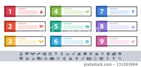 Infographic design business concept vector illustration with 9 steps or options or processes represent work flow or diagram Infographic design business concept vector illustration with 9 steps or options or processes represent work flow or diagram 131303604