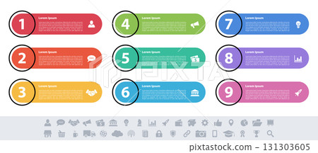 Infographic design business concept vector illustration with 9 steps or options or processes represent work flow or diagram Infographic design business concept vector illustration with 9 steps or options or processes represent work flow or diagram 131303605
