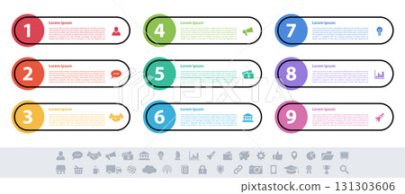 Infographic design business concept vector illustration with 9 steps or options or processes represent work flow or diagram Infographic design business concept vector illustration with 9 steps or options or processes represent work flow or diagram 131303606