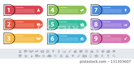 Infographic design business concept vector illustration with 9 steps or options or processes represent work flow or diagram Infographic design business concept vector illustration with 9 steps or options or processes represent work flow or diagram 131303607