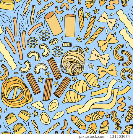 Seamless pasta pattern with macaroni, farfalle, fusilli and spaghetti on blue in doodle style Seamless pasta pattern with macaroni, farfalle, fusilli and spaghetti on blue in doodle style 131303674