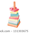 Multicolored assembled pyramid. Hand-drawn children's toys. Watercolor illustration on a white background. For the design of children's cards, educational games, stickers, web pages, decor. 131303675