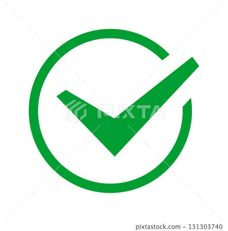 Bold green check mark inside circle on white background 131303740