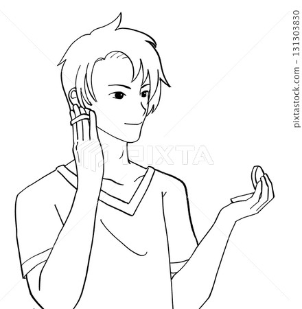 Black and white illustration of a man applying makeup with a compact mirror Black and white illustration of a man applying makeup with a compact mirror 131303830