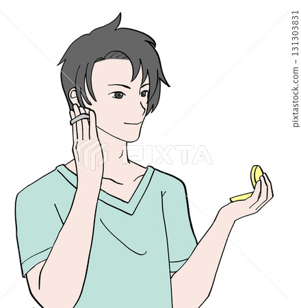 一位男士用化妝鏡化妝的插圖 131303831