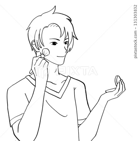 Black and white illustration of a man applying makeup with a compact mirror Black and white illustration of a man applying makeup with a compact mirror 131303832