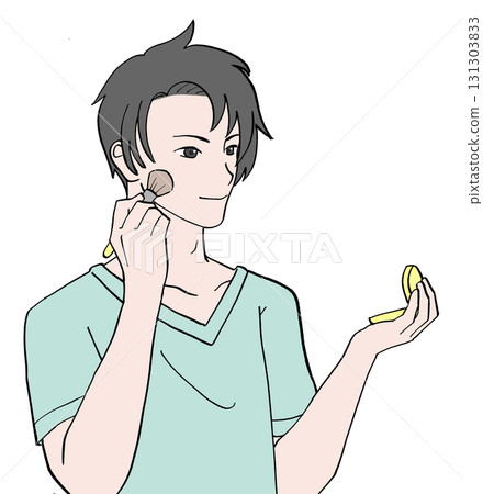 Illustration of a man applying makeup with a compact mirror Illustration of a man applying makeup with a compact mirror 131303833