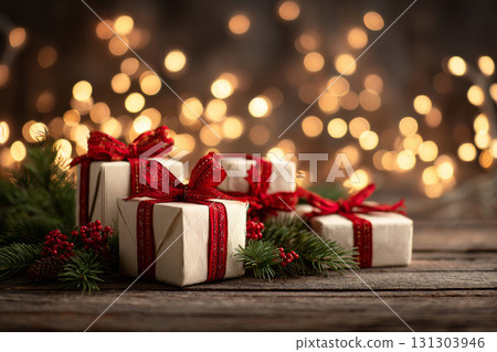 Christmas gifts with red ribbons and pine branches on wooden table Christmas gifts with red ribbons and pine branches on wooden table 131303946