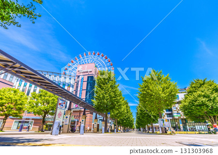 Yokohama cityscape in Japan, with a view of the Tsuzuki Hankyu Ferris wheel and other attractions in front of Center-Kita Station (2nd) Yokohama cityscape in Japan, with a view of the Tsuzuki Hankyu Ferris wheel and other attractions in front of Center-Kita Station (2nd) 131303968