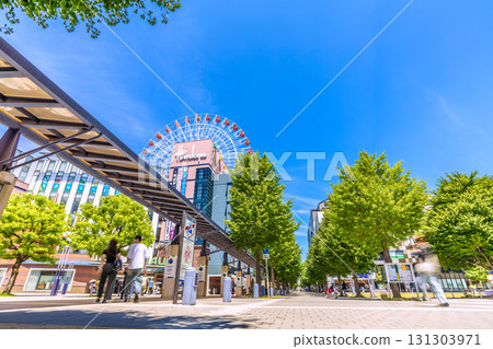 Yokohama cityscape in Japan, with a view of the Tsuzuki Hankyu Ferris wheel and other attractions in front of Center-Kita Station (2nd) 131303971