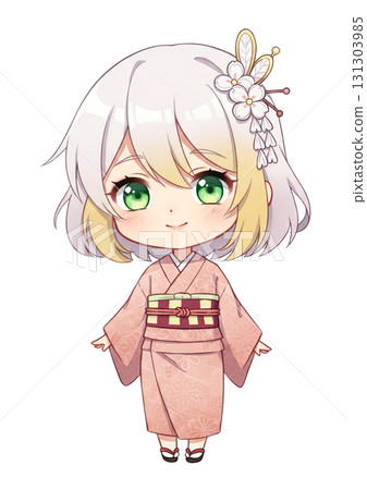 A smiling girl in a kimono (with a flower hair accessory) evokes the image of a flower arranging. 131303985