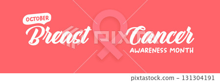 Breast cancer awareness month concept horizontal banner design template with pink ribbon and text isolated on pink background. October is Breast cancer awareness month vector flyer, banner, poster 131304191