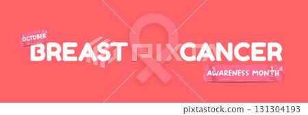 Breast cancer awareness month concept horizontal banner design template with pink ribbon and text isolated on pink background. October is Breast cancer awareness month vector flyer, banner, poster Breast cancer awareness month concept horizontal banner design template with pink ribbon and text isolated on pink background. October is Breast cancer awareness month vector flyer, banner, poster 131304193