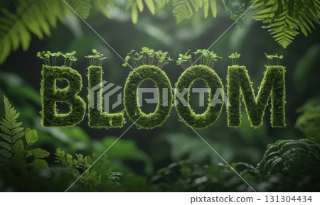 Word BLOOM formed by living moss and green sprouts in a lush natural forest environment 131304434