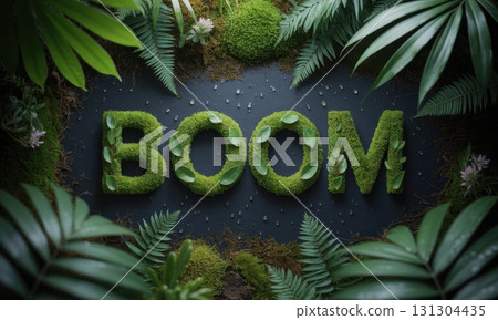 Vibrant green moss word BOOM surrounded by lush nature and fresh water droplets 131304435