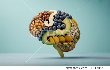 Human brain shape formed by healthy nuts, seeds, berries, and avocado for optimal nutrition 131304436
