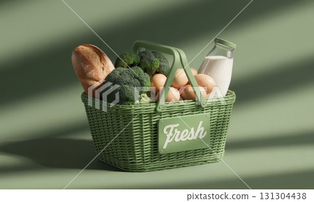 Green shopping basket filled with fresh broccoli, bread, milk, and eggs on a green background Green shopping basket filled with fresh broccoli, bread, milk, and eggs on a green background 131304438
