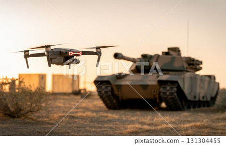Advanced drone flying over a military tank in a desert landscape at golden hour 131304455