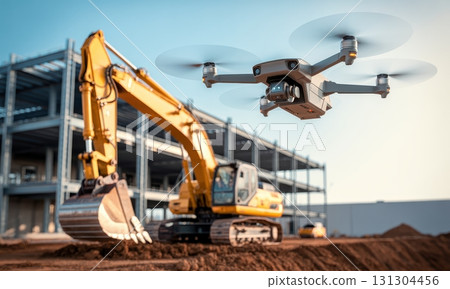 Modern drone flying over a yellow excavator at an active construction site with steel structure 131304456